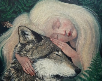 Lucy Campbell print "This Wild Love", blond-haired girl hugging wolf, limited edition print. Spirit animal.