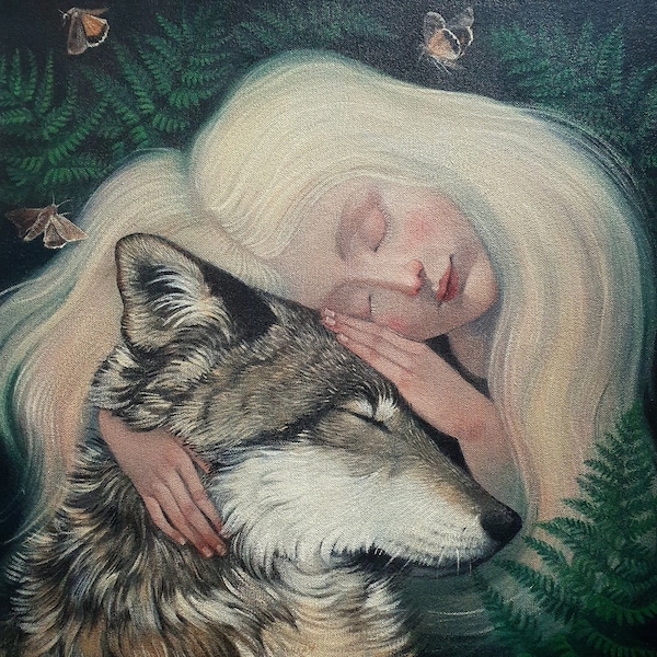 Impression Lucy Campbell « This Wild Love », fille aux cheveux blonds serrant un loup dans ses bras, impression en édition limitée. Animal spirituel.