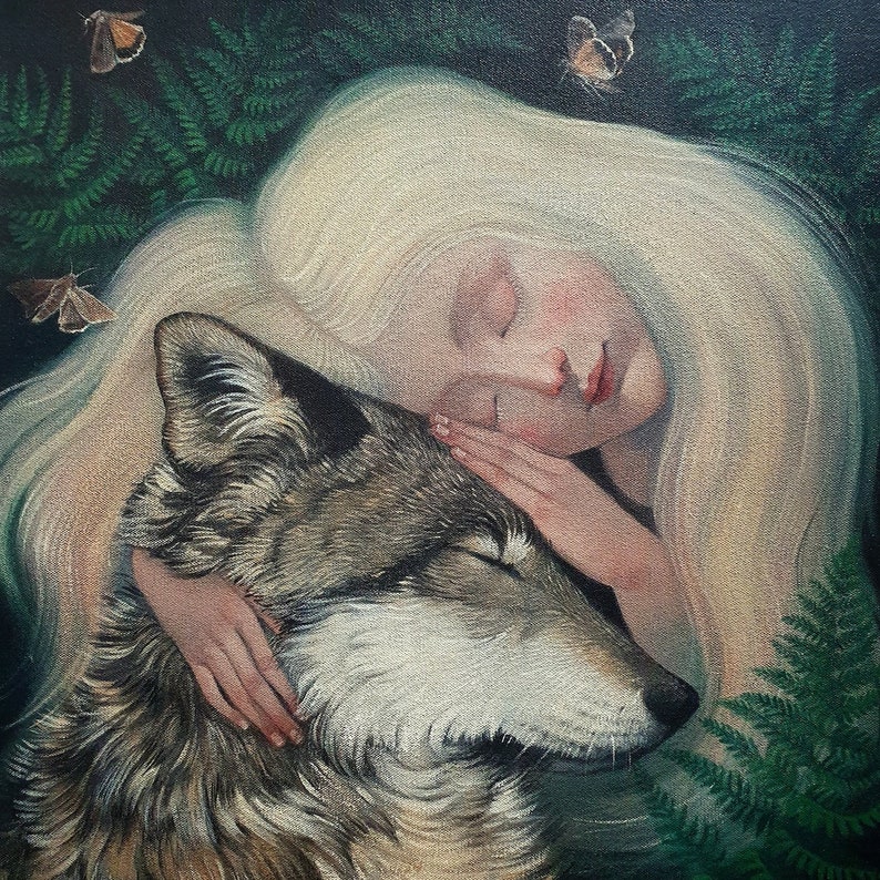 Lucy Campbell print This Wild Love, blond-haired girl hugging wolf, limited edition print. Spirit animal. image 1