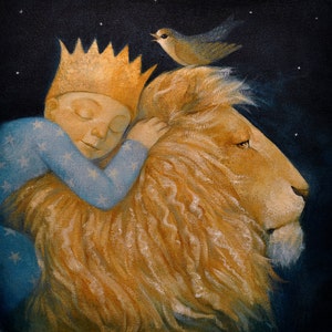 Lucy Campbell print. Limited edition giclée print of original painting by Lucy Campbell. Lion, sleepy boy, bird. Nursery art.