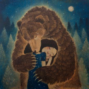 Ours du mardi - Carte de voeux Lucy Campbell, câlin, fille aux cheveux noirs avec un ours.