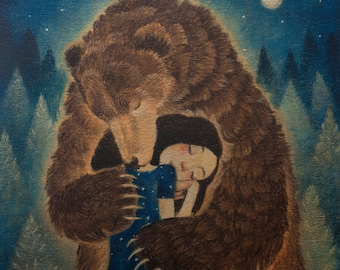 6 x "Tuesday's Bear" Lucy Campbell cards, one design, bearhug, dark haired girl with bear.