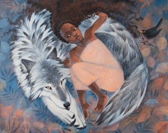 Lucy Campbell giclée print "Strong Girl" dark-skinned girl curled up with wolf, limited edition, signed print