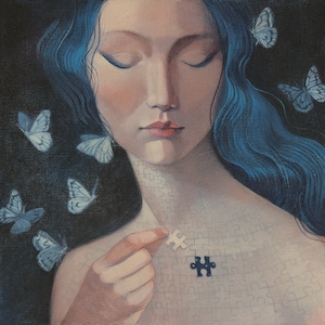 Cartão de felicitações de Lucy Campbell "Peça Faltante". Mulher de cabelo azul, peça faltante, última peça do quebra-cabeça, luto, recuperação, borboletas no estômago.