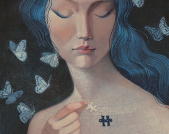 Lucy Campbell greetings card "Missing Piece". Woman with blue hair, missing piece, final piece of the puzzle, grief, recovery, butterflies
