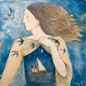 Biglietto d'auguri di belle arti "The Journey", biglietto d'auguri unico tratto da un'opera d'arte originale di Lucy Campbell. Donna, barca, rondini, viaggio interiore