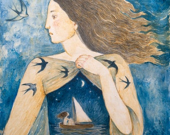 Fine art greeting card "The Journey", unique greeting card from original artwork by Lucy Campbell. Woman, boat, swallows, inner journey