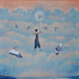 Lucy Campbell print "Lightness of Being". Signed limited edition print. Cranes, tightrope walker, dandelion clock, clouds, sunset