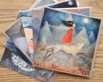 6 Large cards variety pack, Lucy Campbell cards, wolves. Greetings cards, 6 different wolf designs, 15cm (6") square