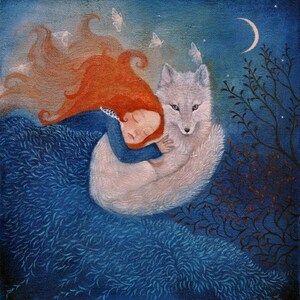 Carte de voeux Lucy Campbell, « guidée par la lune », renard arctique et fille, cheveux roux