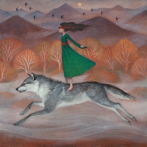 Lucy Campbell greeting card "The Calling Home" girl in green dress riding blindfolded on running wolf, mountains, autumnal trees, swallows