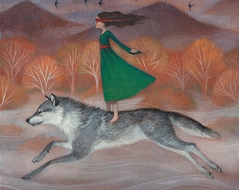 Lucy Campbell greeting card "The Calling Home" girl in green dress riding blindfolded on running wolf, mountains, autumnal trees, swallows
