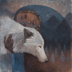 6 x carte de voeux Lucy Campbell, « Vous portez la montagne en vous ». Femme à la peau foncée, loup blanc, montagne, étoiles, forêt.