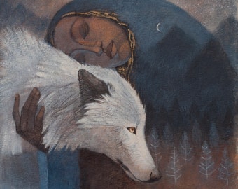 6 x Lucy Campbell greeting card,"You carry the mountain within you". Dark skinned woman, white wolf, mountain, stars, forest.