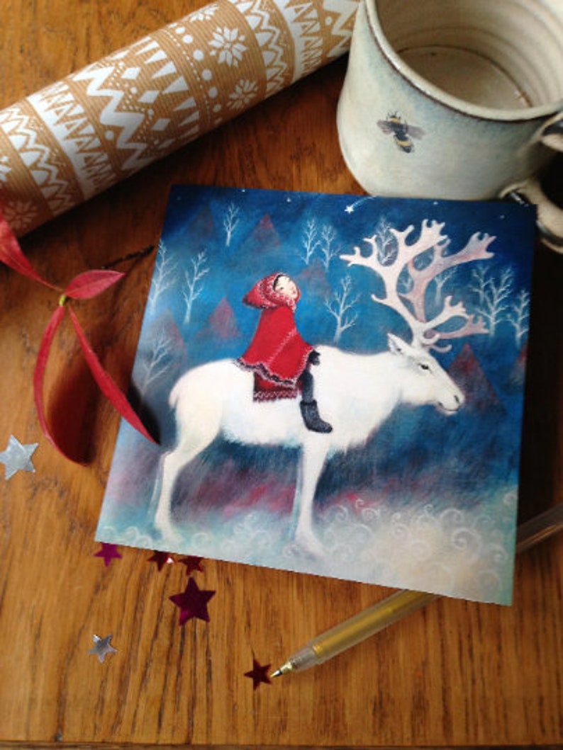 6 notelet Christmas cards, lovely for Winter Solstice, ideal Christmas cards. Lucy Campbell cards, reindeer, Sami girl. 