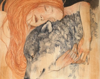 Limited edition giclée print, "Into the arms of the wild". Lucy Campbell print. Woman hugging wolf, wild woman, wolf art