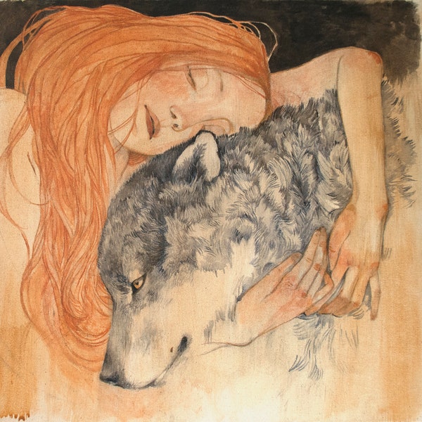 Limited edition giclée print, "Into the arms of the wild". Lucy Campbell print. Woman hugging wolf, wild woman, wolf art