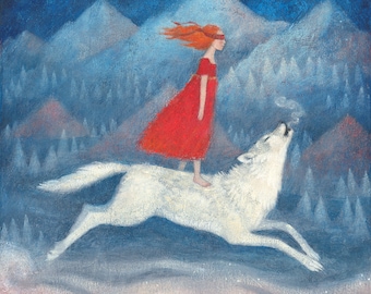 Lucy Campbell print "One Wild and Precious" girl riding blindfolded on wolf, red-haired girl, red dress, white wolf, leap of faith