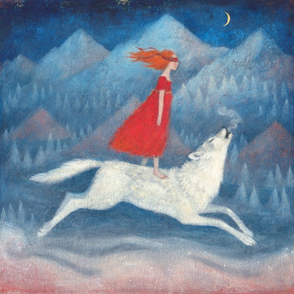 Lucy Campbell print "One Wild and Precious" girl riding blindfolded on wolf, red-haired girl, red dress, white wolf, leap of faith