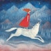 Lucy Campbell print "One Wild and Precious" meisje geblinddoekt rijden op wolf, roodharig meisje, rode jurk, witte wolf, sprong van geloof