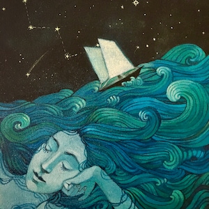 La mia mente è un oceano - biglietto d'auguri di Lucy Campbell - donna, capelli, onde dell'oceano, barca a vela, stelle, navigazione, mari in tempesta