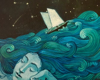 My Mind is an Ocean - greeting card by Lucy Campbell - woman, hair, ocean waves, sailboat, stars, navigation, stormy seas