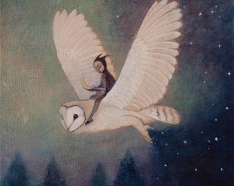 6 x Lucy Campbell greeting card, "Boa Noite", owl, forest, stars, moon, owl rider.