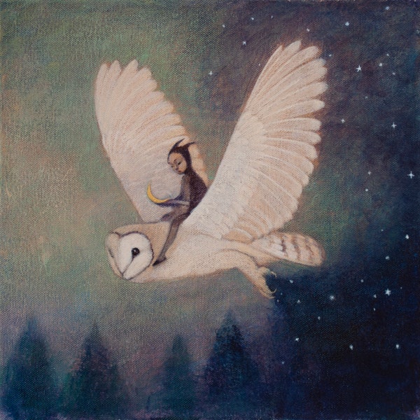 6 x Lucy Campbell greeting card, "Boa Noite", owl, forest, stars, moon, owl rider.