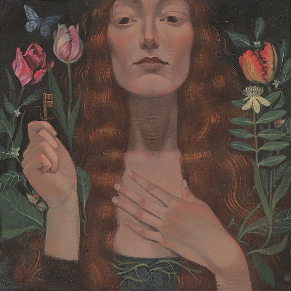 Stampa in edizione limitata - "La Chiave". Dipinto originale di Lucy Campbell. Arte contemporanea, donna, chiave, tulipani, farfalla, capelli rossi