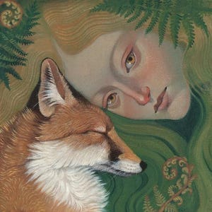 Limited edition print of "To See With Your Eyes", original Lucy Campbell art. Woman and fox nestle in ferns