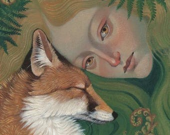 Limited edition print of "To See With Your Eyes", original Lucy Campbell art. Woman and fox nestle in ferns