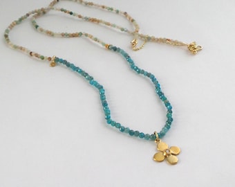 Flower gold pendant - Diamond Pendant - 24K Gold Pendant - 24k pendant - Blue Topaz necklace - 24k necklace - Free Shipping!