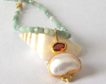 Pearl Pendant - Garnet Pendant - 24k Pendant - 14k chain - 24K necklace - Amazonaite necklace - Free Shipping