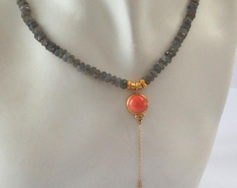 Coral pendant- Labradorite necklace - Diamond pendant - 24k Necklace - 24k pendant - Free Shipping