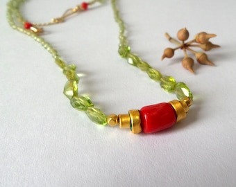 Coral Pendant - 24k pendant - Peridot Necklace - 14k gold chain - 24k gold pendant - Free Shipping