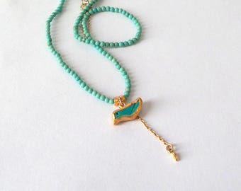 Turquoise Pendant - 24K Gold Pendant - Turquoise necklaces - 14K chain - Gold chain - bird pendant -Free Shipping!