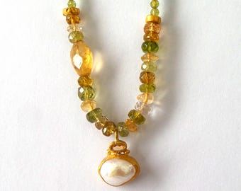 Pearl Pendant - 24k Necklace - 24k pendant - Citrine Pendant - Citrine necklace - 24k pendant - Free Shipping!