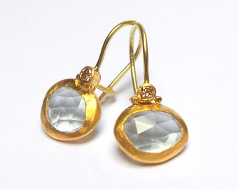 Blue Topaz Earrings - Gold Earrings - 24K Earrings - Earrings - Diamonds Earrings - Dangle earrings - Free Shipping!