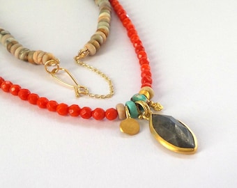 Coral Necklace - Labradorite Pendant - 24k Gold Necklace - 24k Necklace - 24k pendant - Free Shipping!!!