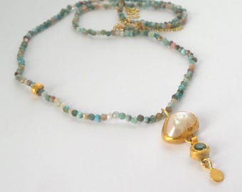 Pendants - Pearl pendant - Gold pendant - Blue Topaz pendant - 24k gold pendant - Gemstone beads necklace - Free Shipping!