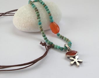 Carnelian pendant - flower pendant - silver pendant - Carnelian necklace - Turquoise necklace - necklace - Free Shipping!