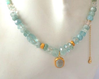 Aquamarine Pendant - Gold Pendant - 24K Gold Pendant - Aquamarine Necklace - pendants - necklace - Free Shipping!