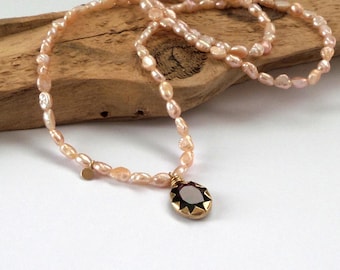 Garnet Pendant - Gold Necklace - 14K Gold Necklace - Garnet necklace - Pearl necklace - 14kgold chain - Free Shipping
