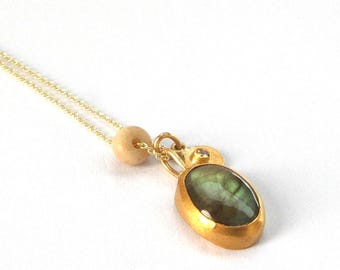 Labradorite Pendant - Gold Pendant - 24K Pendant - 14k gold chain - diamond pendant -  diamond necklace - Free Shipping