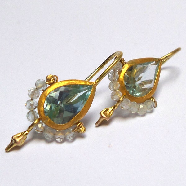 Blue Topaz Earrings - Gold Earrings - 24k Gold Earrings - Earrings - Dangle earrings - Wedding Earrings - Free Shipping!