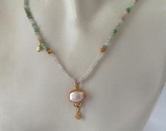 Pearl Pendant - Gold Pendant - 24K Gold Pendant - Moonston necklace - 24k pendant - Amazonyit nrcklace - Gold necklace - Free Shipping!