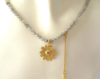 Flower Pendant - 18k pendant - Diamond necklace - Labradorite necklace - Diamond pendant - 18K necklace - Free Shipping