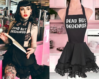 Dead But Delicious Sexy Apron Black Gothic Ruffled Retro Apron