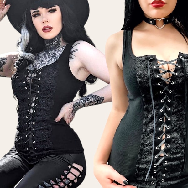 Yallternative Gothic Cowgirl Lolita Coquette Lace Up Cute Corset Pinup Top Sexy Rock Biker Babe Cowgirl Country Music Festival Concert Top