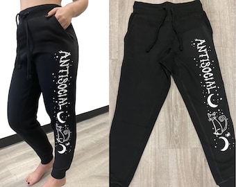 Antisocial Cat Moon graphic "boyfriend fit" oversized Gothic Cute Sweats Joggers Custom Cute Goth Gift Spooky Cute Outfit